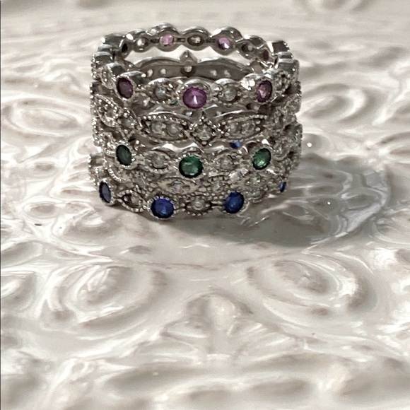 Radiant Sterling Silver Stacked Rings Pink Quartz Emerald Sapphire Diamonds - Picture 1 of 13